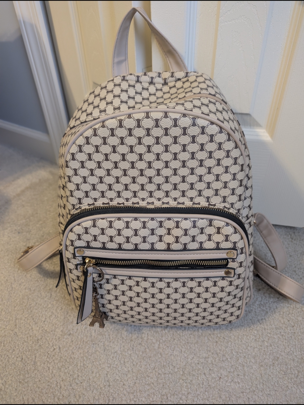 Women's Cream and Brown Mini Knock-Off Coach Patterned Backpack With Gold Tones